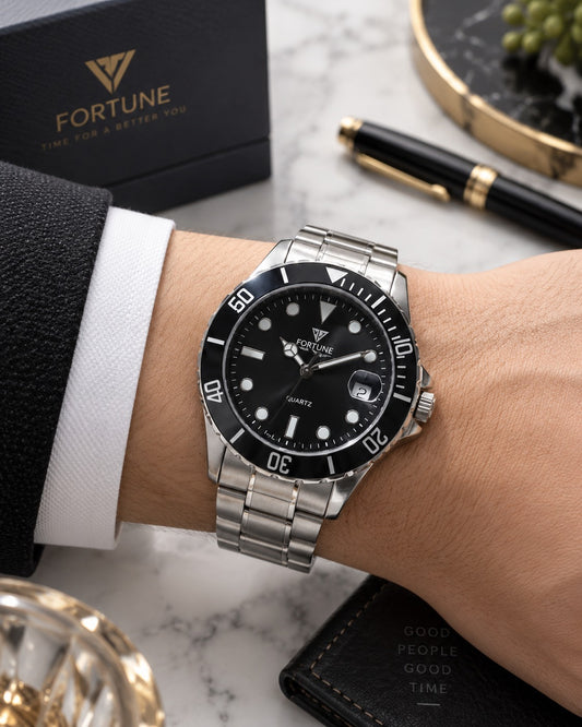 Fortune Men’s Quartz Dive Watch Black Dial Silver Stainless Steel Bracelet!!