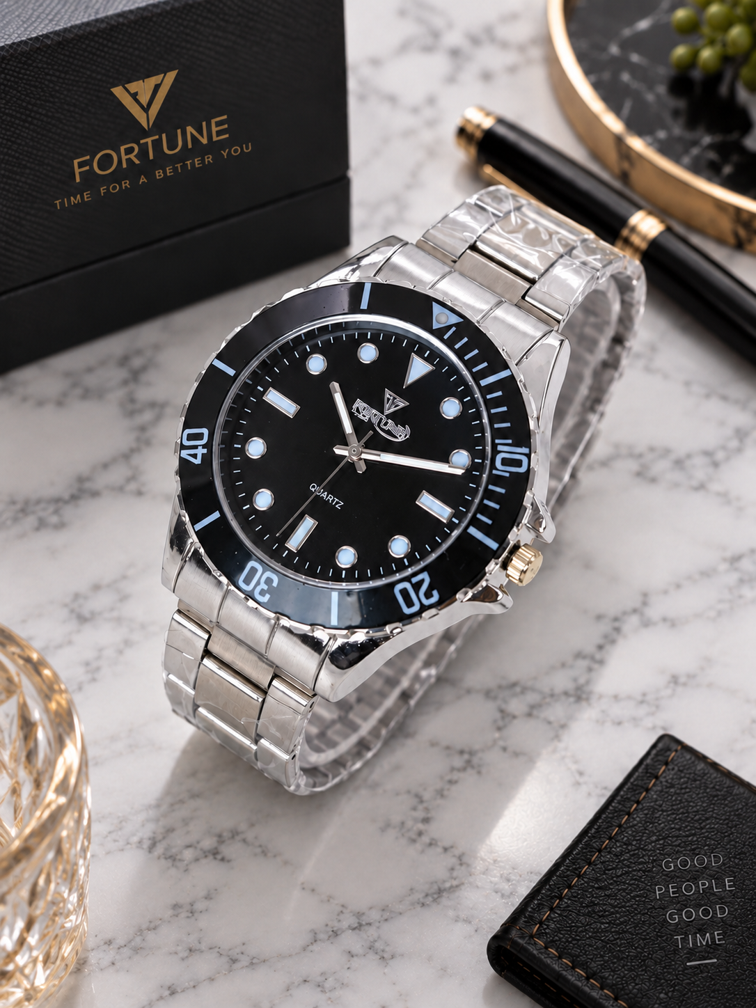 Fortune Men’s Quartz Dive Watch Black Dial Silver Stainless Steel Bracelet!!