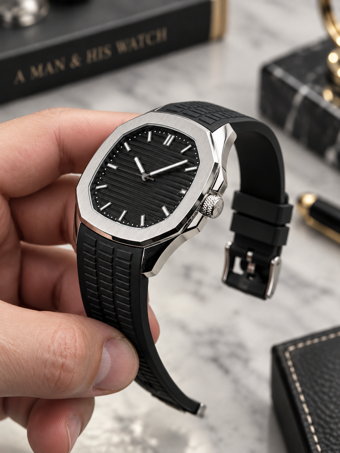 Men’s Water Resistant Silver Watch Black Dial Black Rubber Strap