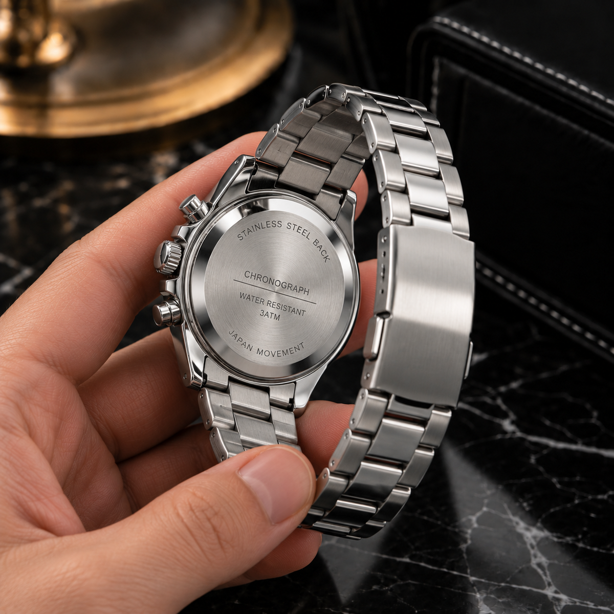 Men’s Silver Chronograph Watch Cream Dial Stainless Steel Bracelet Arabic Numerals