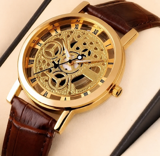 SEWOR Men’s Luxury Gold Skeleton Watch Brown Leather Strap