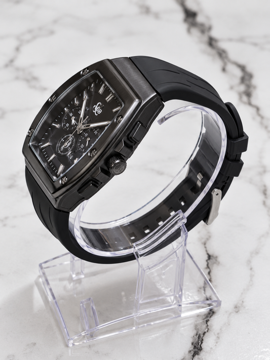 Tubular Tonneau-Shaped Black Chronograph Men’s Watch Rubber Strap Square Dial Quartz Movement
