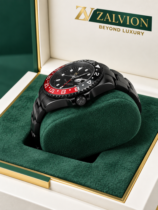 Zalvion Coke Black GMT Men’s Watch Black Stainless Steel Bracelet Red Black Bezel !