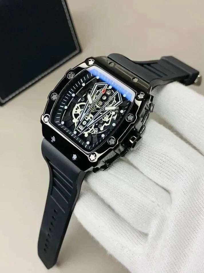 Premium Men's Black Skeleton Chronograph – Luxury Watch