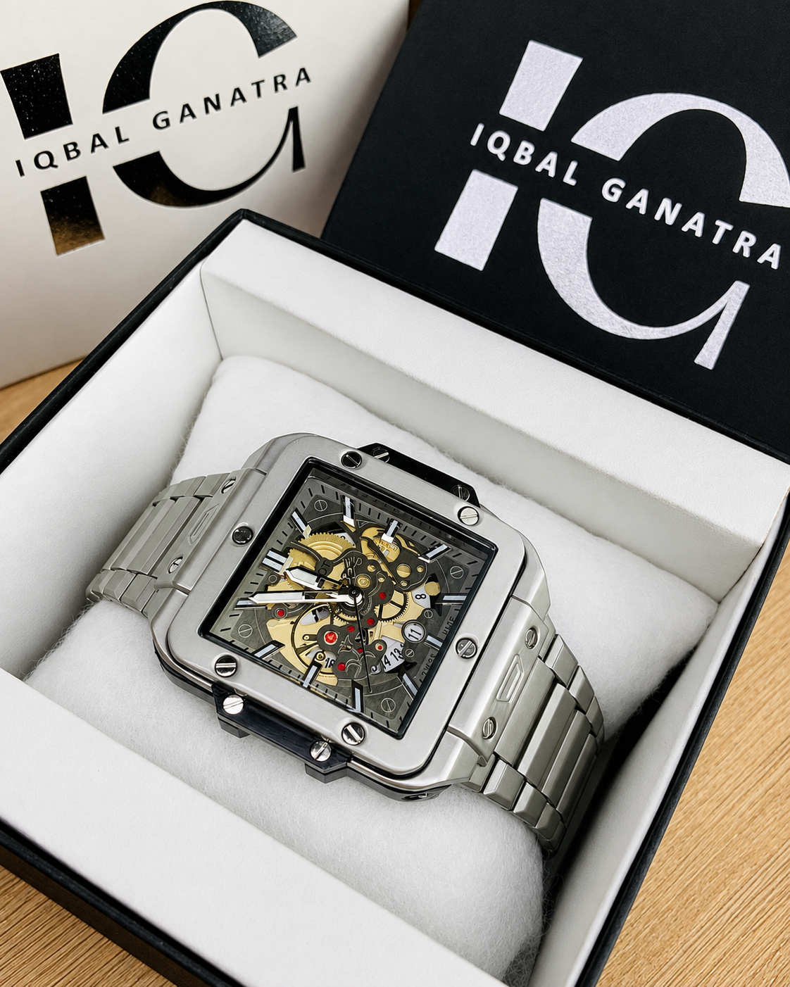 Vealor Santos Skeleton Square Silver Watch – Matte Titanium Finis
