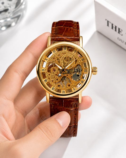 SEWOR Men’s Luxury Gold Skeleton Watch Brown Leather Strap