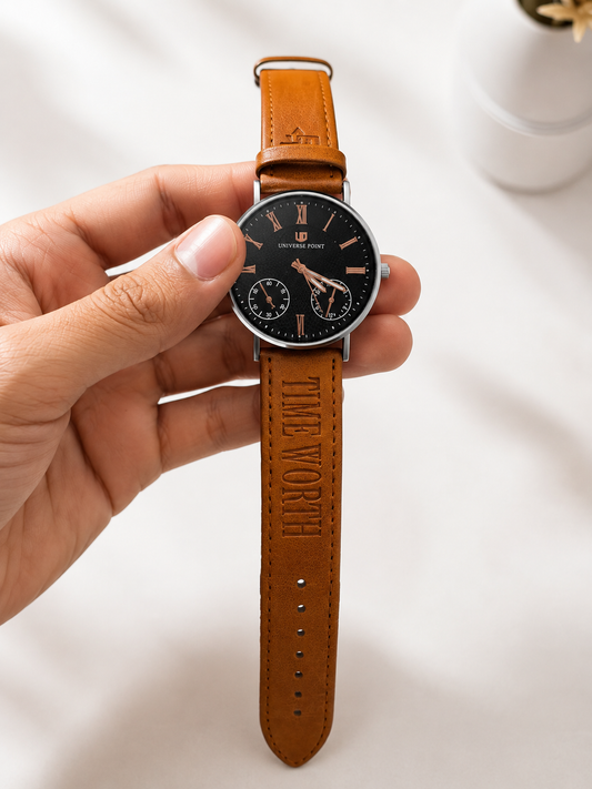 Vealor Universe Point Vintage Tan Leather Watch – Black Dial Edition
