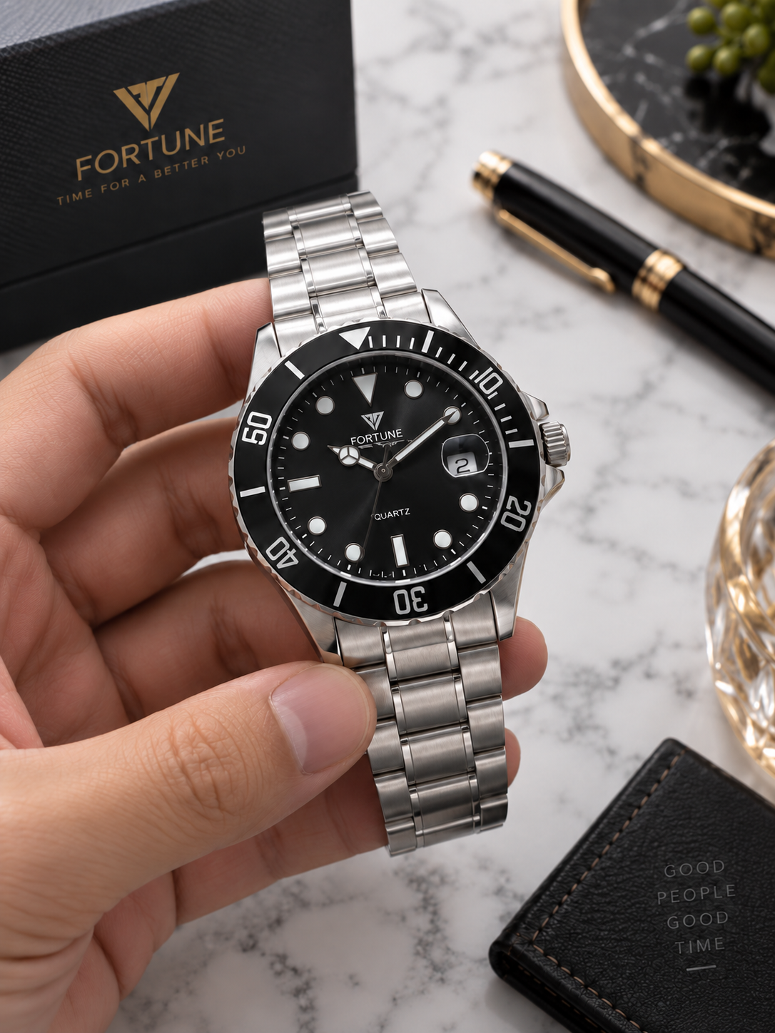 Fortune Men’s Quartz Dive Watch Black Dial Silver Stainless Steel Bracelet!!