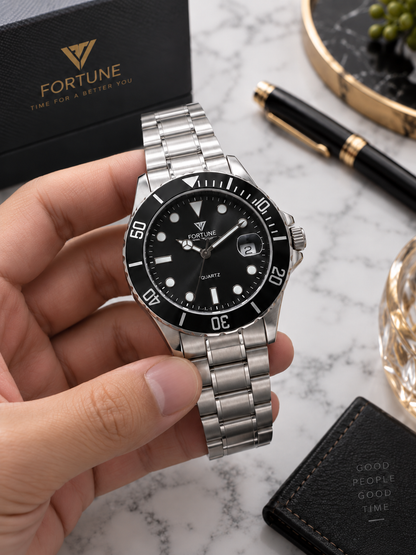 Fortune Men’s Quartz Dive Watch Black Dial Silver Stainless Steel Bracelet!!