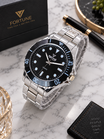Fortune Men’s Quartz Dive Watch Black Dial Silver Stainless Steel Bracelet!!