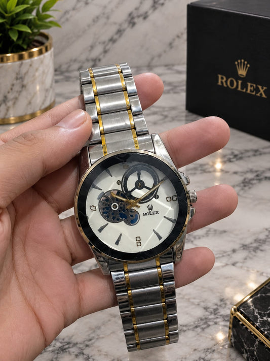 Luxury Two Tone Skeleton Men’s Watch Silver Gold Bracelet White Dial......