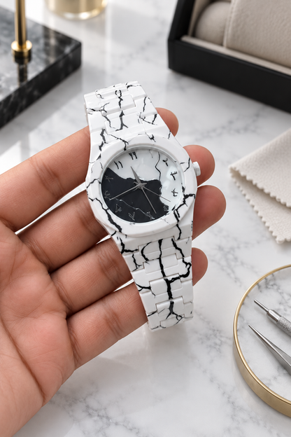 Luxury White Marble Ceramic Quartz Men’s Watch Black White Dial Bracelet