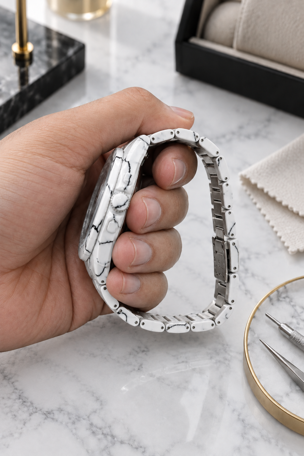 Luxury White Marble Ceramic Quartz Men’s Watch Black White Dial Bracelet