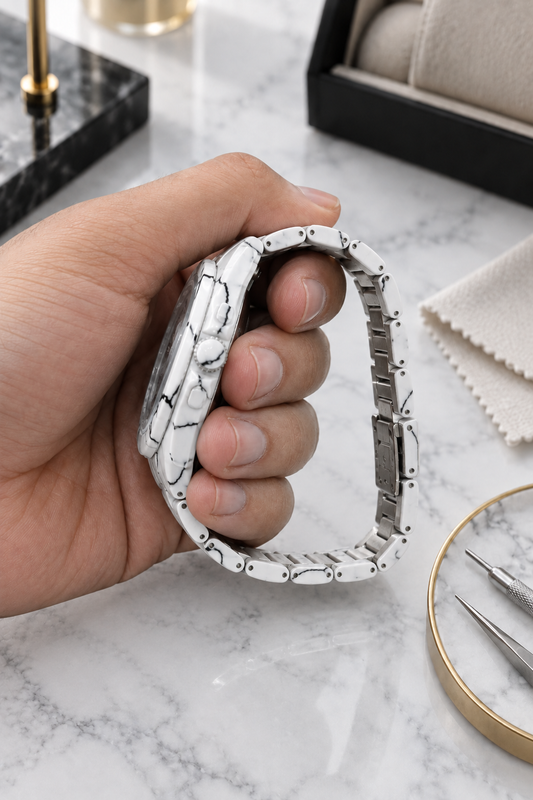 Luxury White Marble Ceramic Quartz Men’s Watch Black White Dial Bracelet