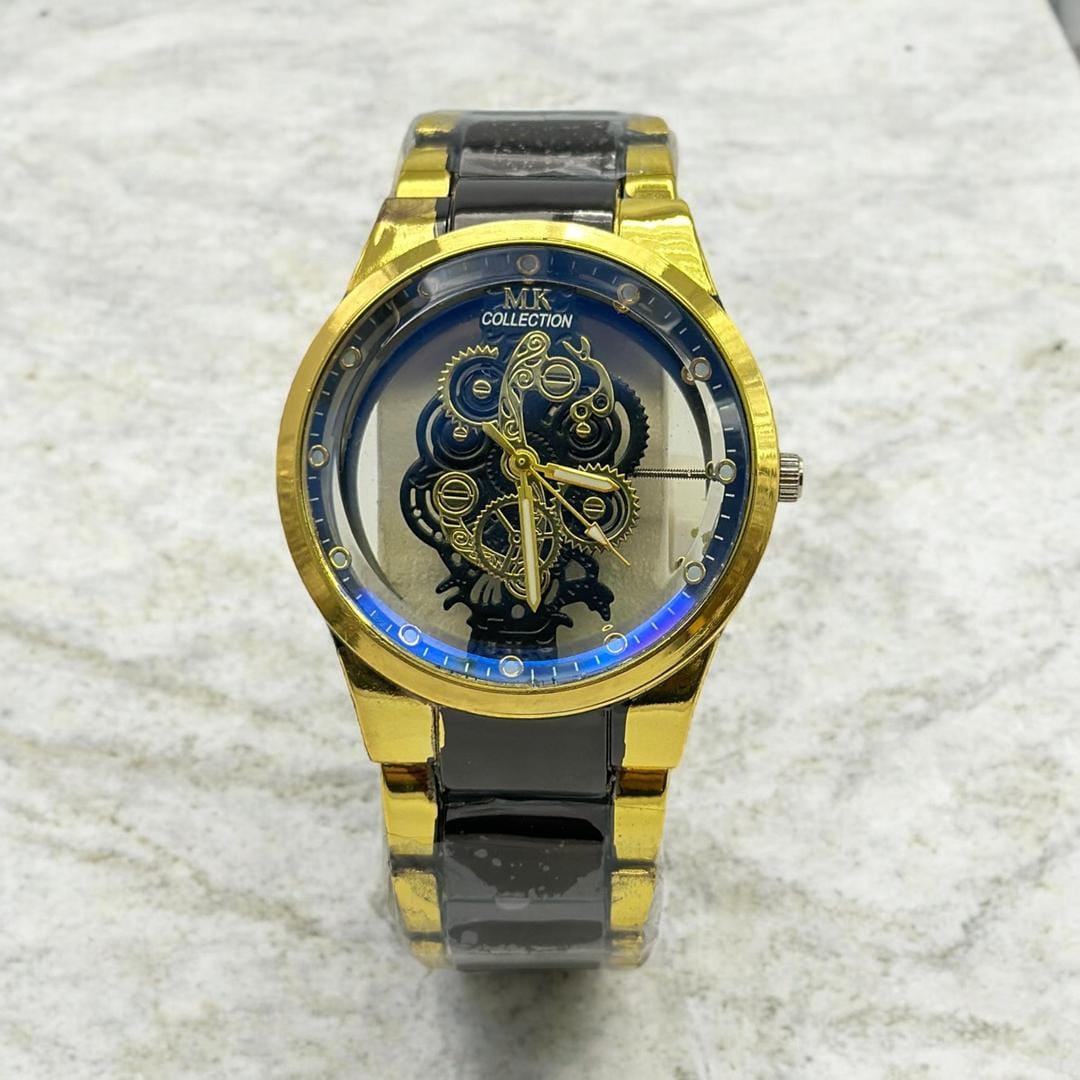 MK Collection Gold Black Skeleton Mechanical Watch Men!