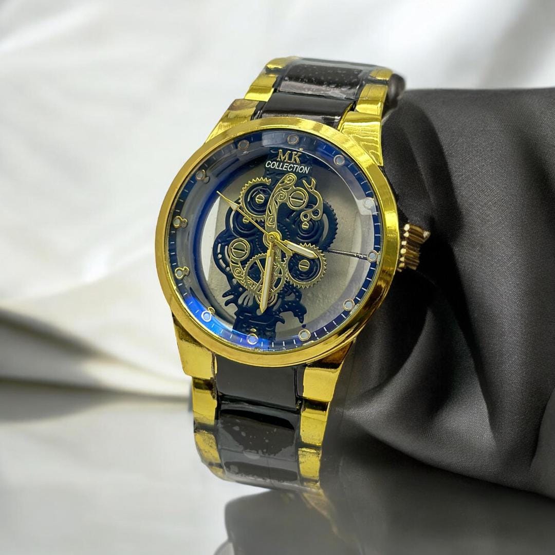 MK Collection Gold Black Skeleton Mechanical Watch Men!
