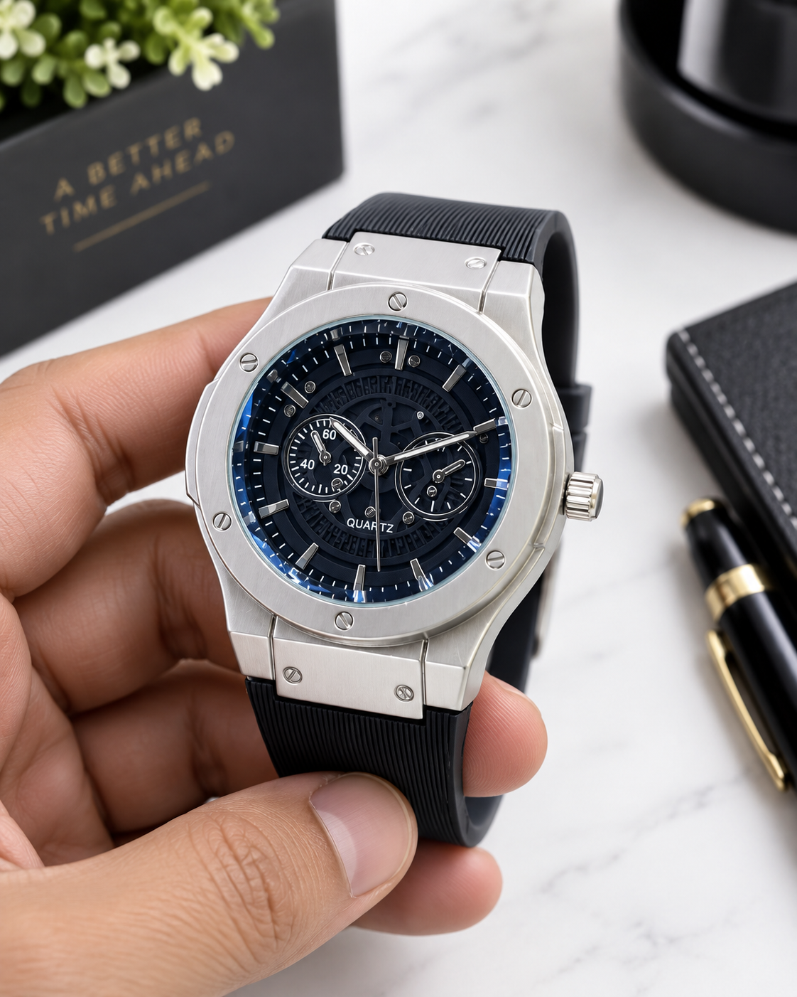 Men’s Quartz Chronograph Watch Silver Case Black Rubber Strap Blue Black Dial