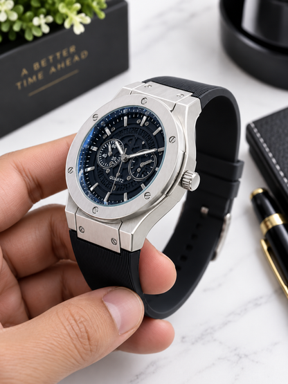 Men’s Quartz Chronograph Watch Silver Case Black Rubber Strap Blue Black Dial