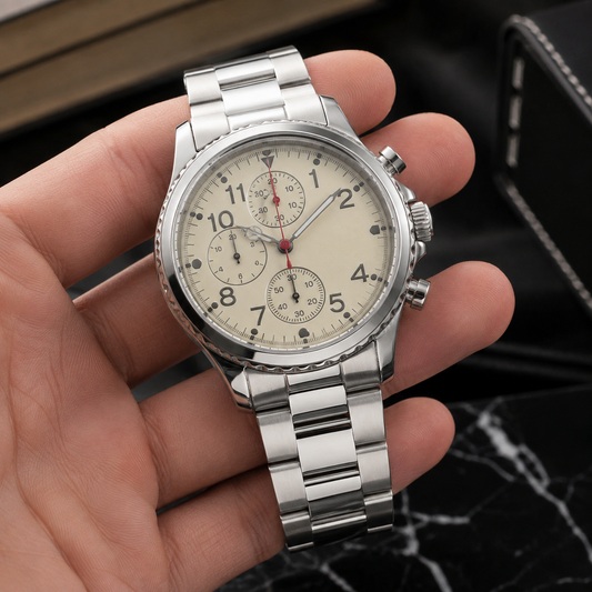 Men’s Silver Chronograph Watch Cream Dial Stainless Steel Bracelet Arabic Numerals