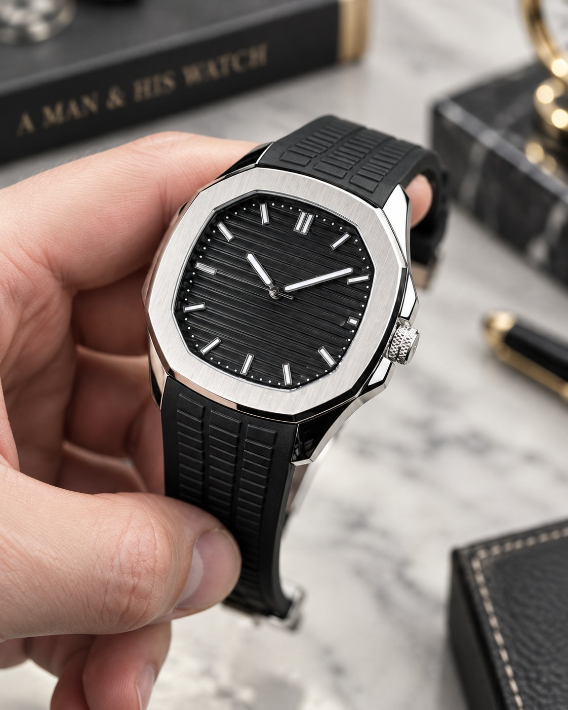Men’s Water Resistant Silver Watch Black Dial Black Rubber Strap