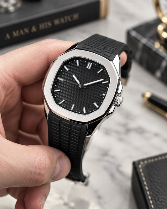Men’s Water Resistant Silver Watch Black Dial Black Rubber Strap