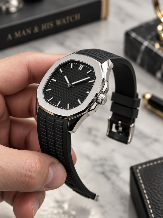 Men’s Water Resistant Silver Watch Black Dial Black Rubber Strap