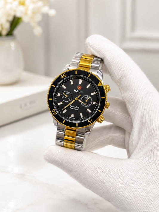 Rado Captain Cook Two Tone Black Dial Gold Silver Chronograph Watch