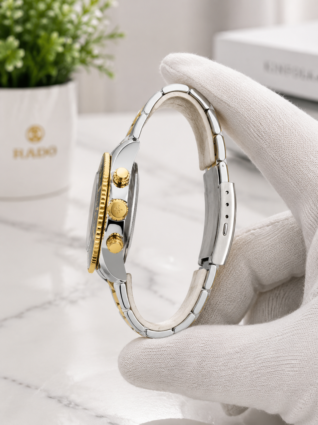 Rado Captain Cook Two Tone Black Dial Gold Silver Chronograph Watch