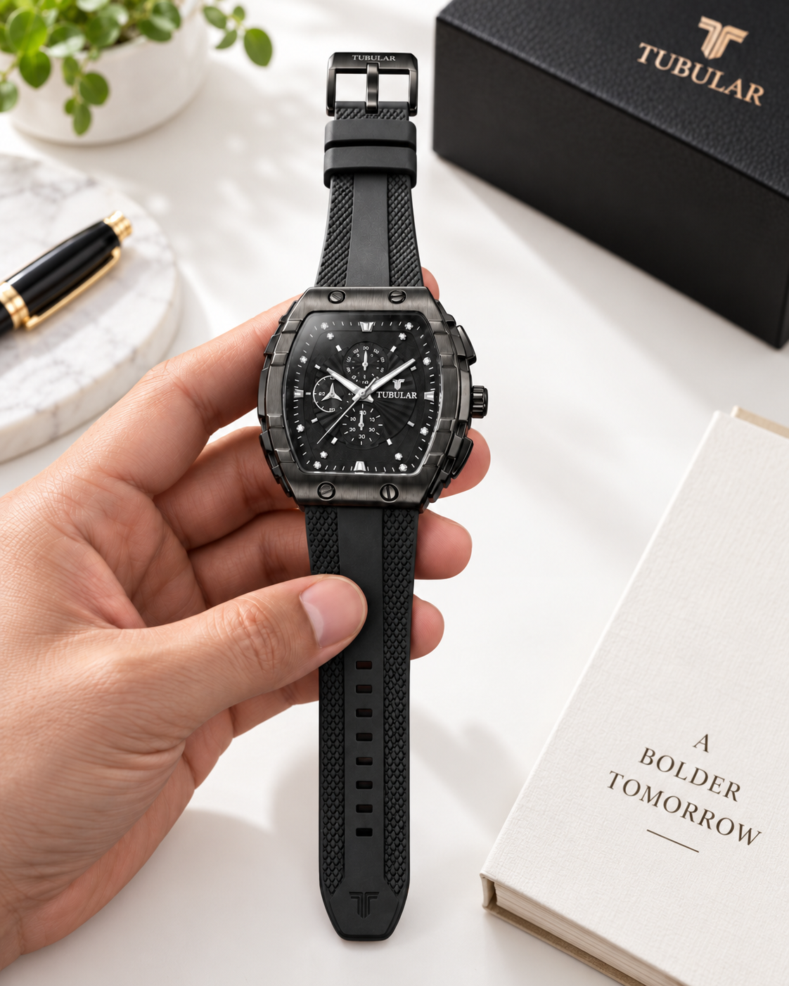 Tubular Tonneau-Shaped Black Chronograph Men’s Watch Rubber Strap Square Dial Quartz Movement