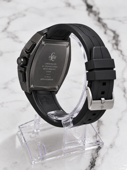 Tubular Tonneau-Shaped Black Chronograph Men’s Watch Rubber Strap Square Dial Quartz Movement