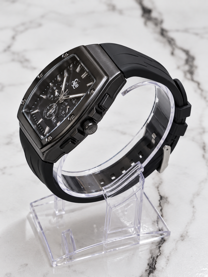 Tubular Tonneau-Shaped Black Chronograph Men’s Watch Rubber Strap Square Dial Quartz Movement