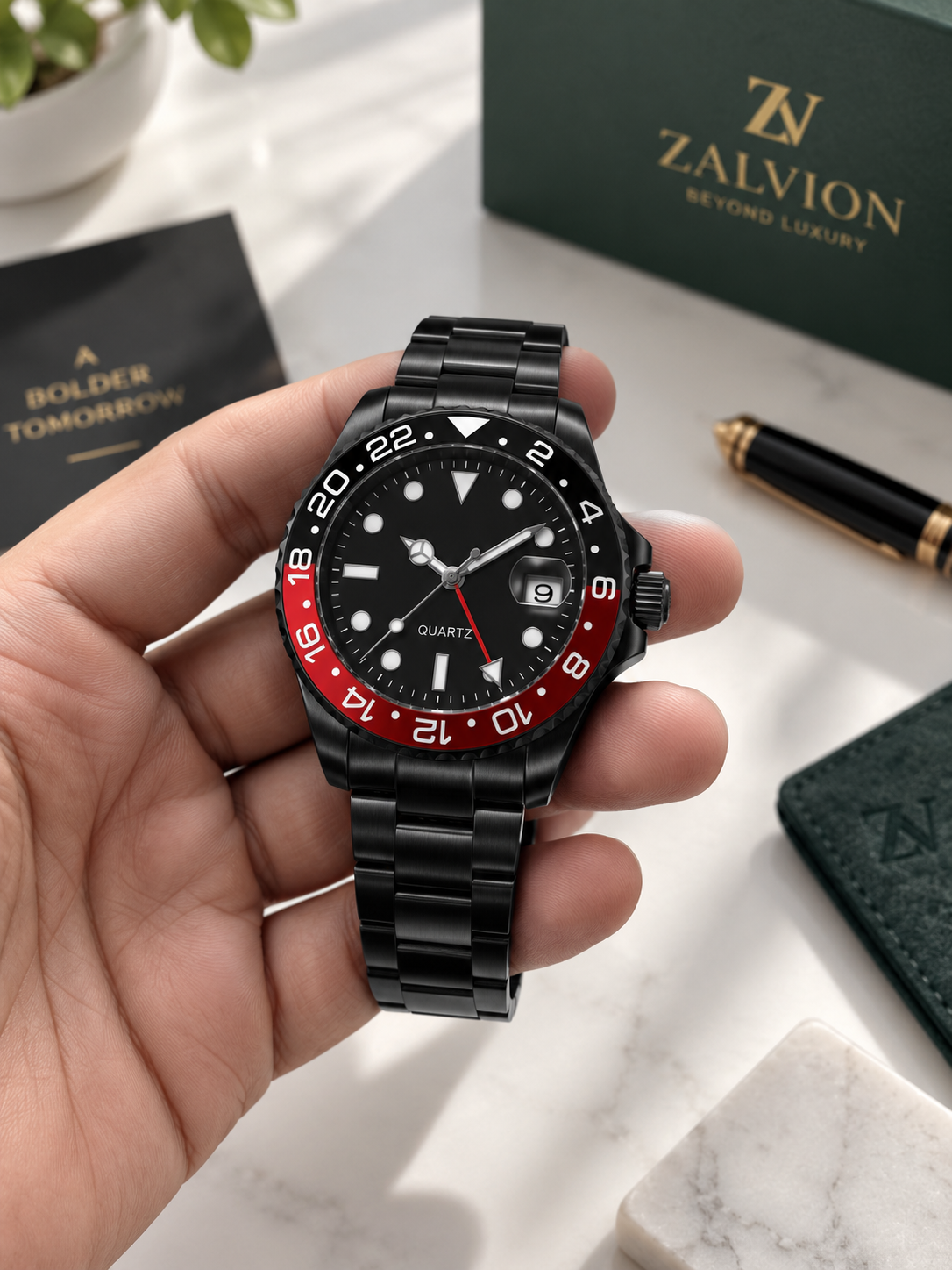 Zalvion Coke Black GMT Men’s Watch Black Stainless Steel Bracelet Red Black Bezel !