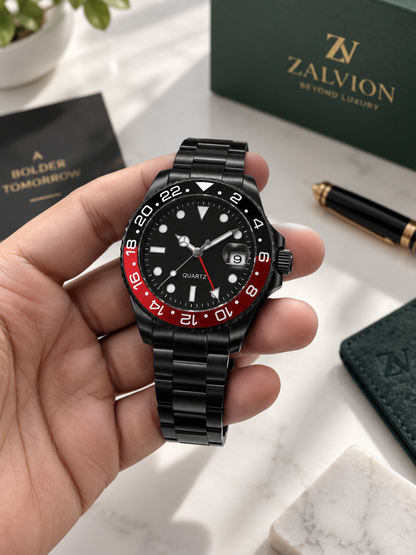 Zalvion Coke Black GMT Men’s Watch Black Stainless Steel Bracelet Red Black Bezel !