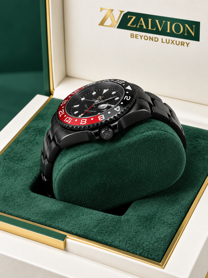 Zalvion Coke Black GMT Men’s Watch Black Stainless Steel Bracelet Red Black Bezel !