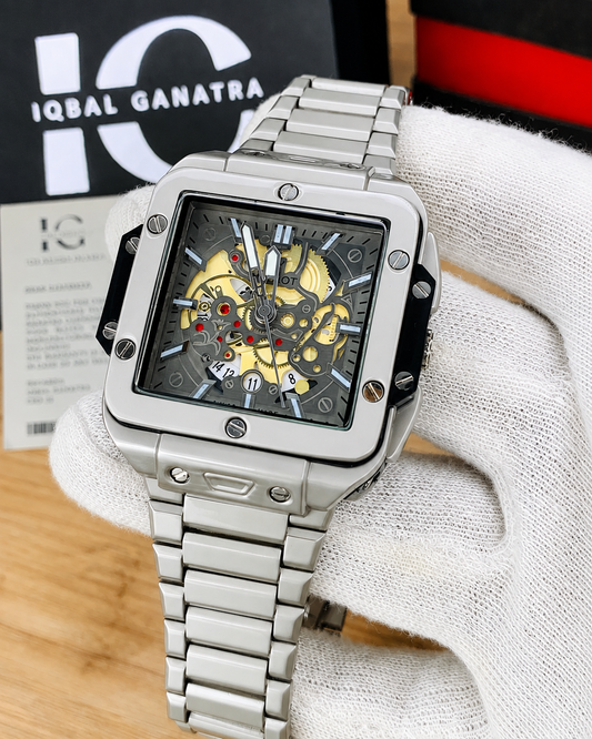 Vealor Santos Skeleton Square Silver Watch – Matte Titanium Finis