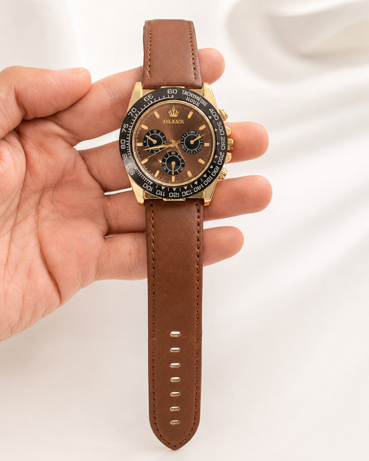 Vealor Broking Daytona-Style Gold Chrono Watch – Brown Leather Edition
