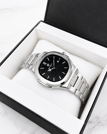 Vealor Boedagar Nautilus Executive Silver Watch – Black Textured Dial